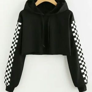 Checked Sleeve Crop Hoodie